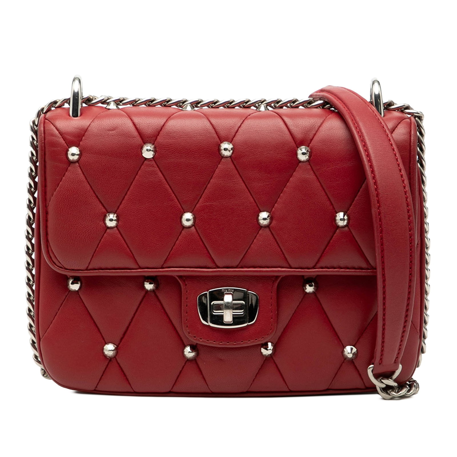 Red Miu Miu Matelasse Studded Leather Crossbody Bag with Chain Strap: Red Miu Miu Matelasse Studded Leather Crossbody Bag with Chain Strap This Miu Miu crossbody bag features a red quilted leather exterior adorned with studded detailing. It is designed with a chain link