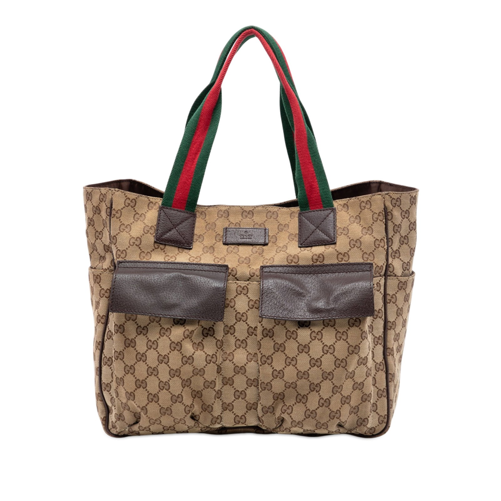 Gucci canvas tote with web trim and double pockets: Gucci canvas tote with web trim and double pockets This Gucci GG Canvas Web Double Pockets Tote features a beige canvas body with leather trim, flat canvas straps, an open top, exterior front flap poc
