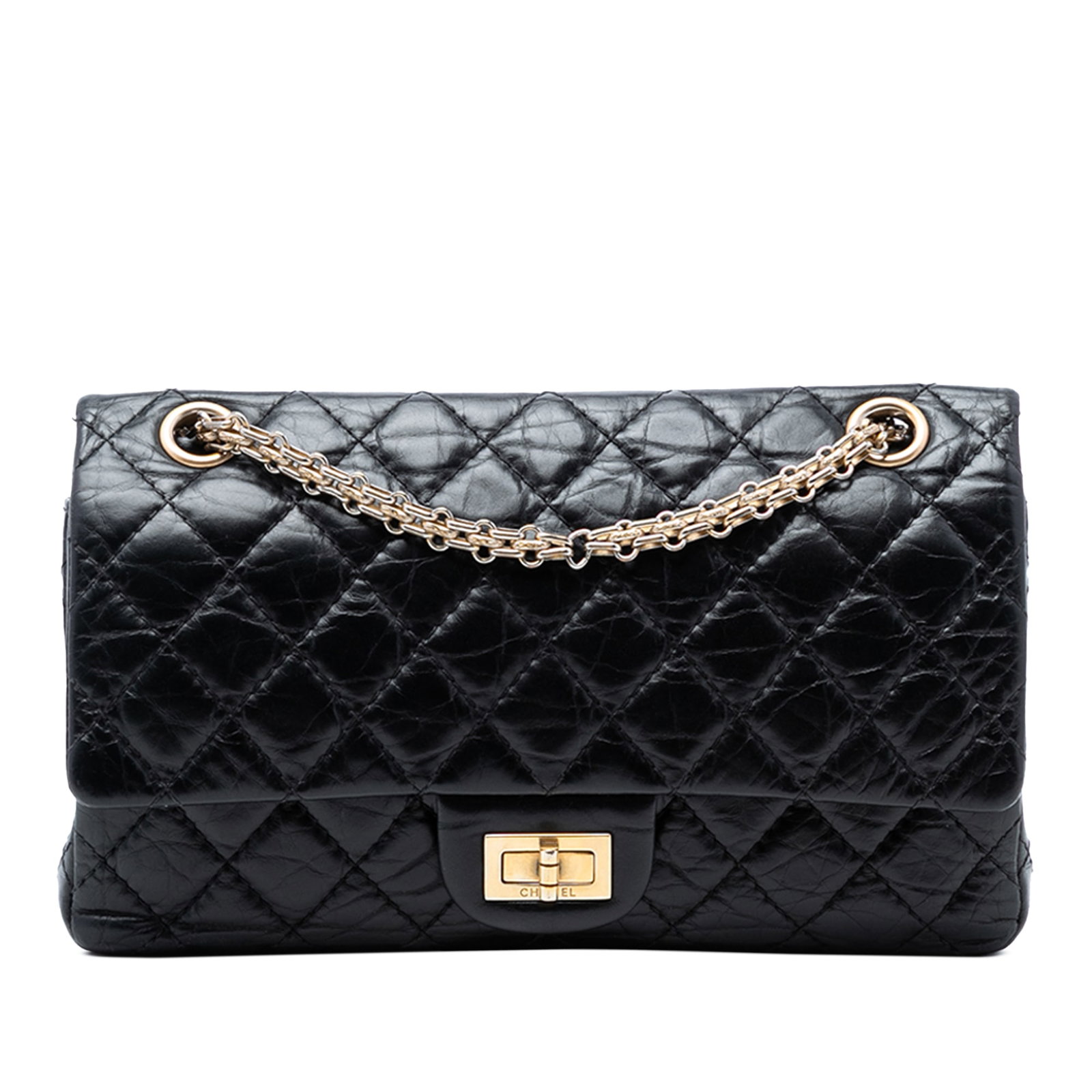 Chanel 2.55 Reissue black quilted calfskin double flap shoulder bag: Chanel 2.55 Reissue black quilted calfskin double flap shoulder bag This Chanel Quilted Aged Calfskin Reissue 2.55 Double Flap 225 is a sophisticated shoulder bag crafted from quilted calfskin leather