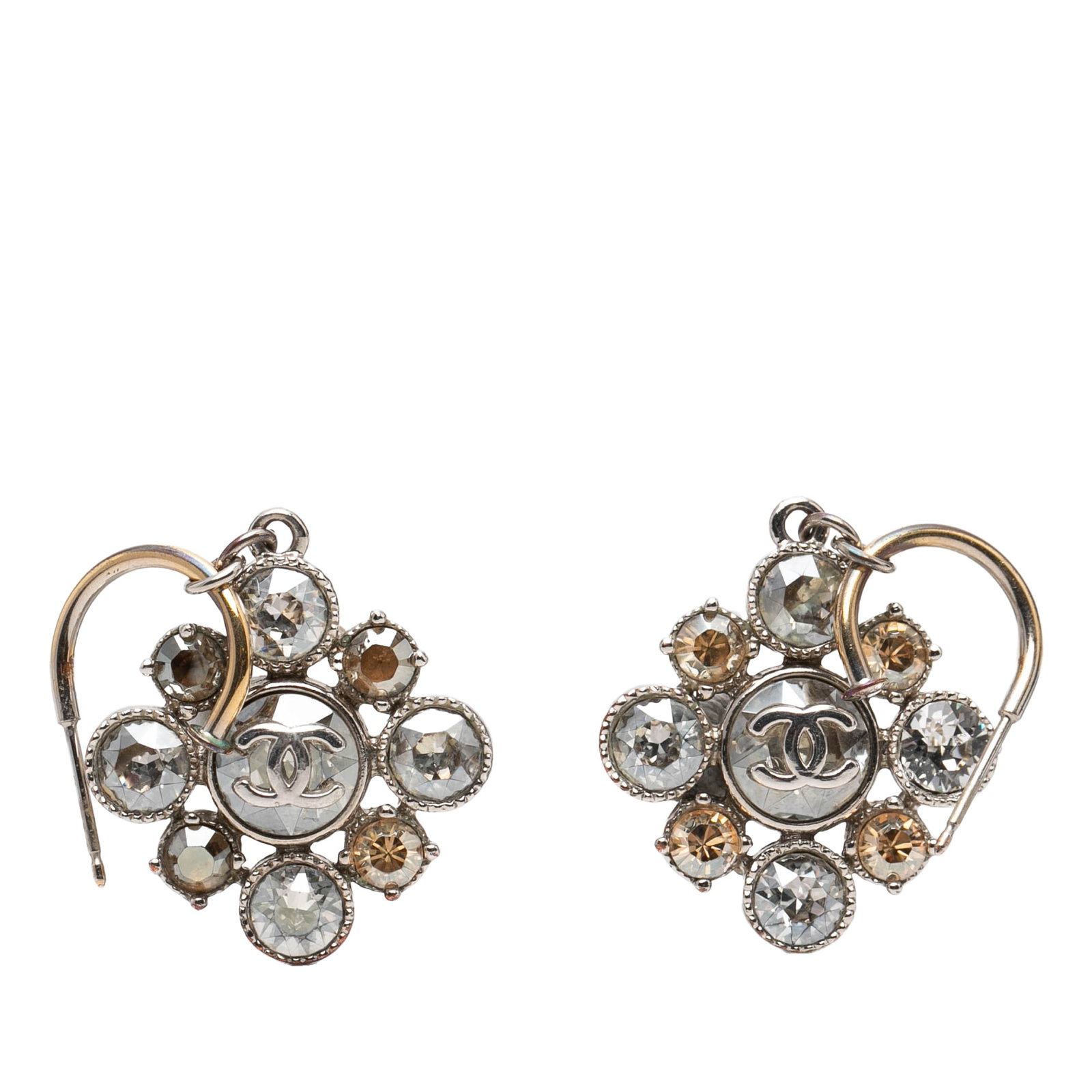 Chanel Silver Plated Crystal Dangle Earrings with Push Back: Chanel Silver Plated Crystal Dangle Earrings with Push Back These Chanel earrings feature a silver-plated metal body adorned with crystals and rhinestones. Designed with a dangle style and push back c