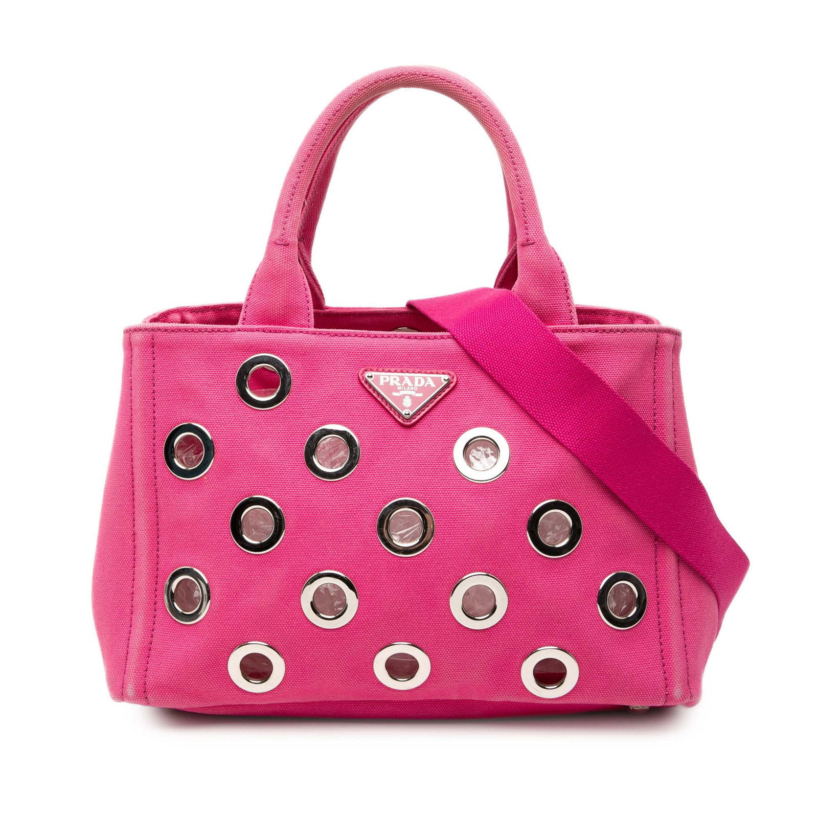 Prada Canapa Pink Canvas Satchel with Grommet Details and Shoulder Strap: Prada Canapa Pink Canvas Satchel with Grommet Details and Shoulder Strap This Prada Small Canvas Canapa Grommet Satchel features a pink canvas body adorned with grommet embellishments. It is designed 