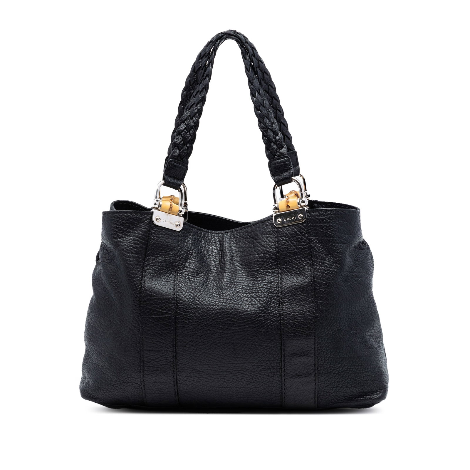 Gucci Bamboo Libeccio Leather Tote Bag: Gucci Bamboo Libeccio Leather Tote Bag This Gucci Leather Bamboo Libeccio Tote features a black leather body with flat braided straps and an open top design. The interior is equipped with a zip compar