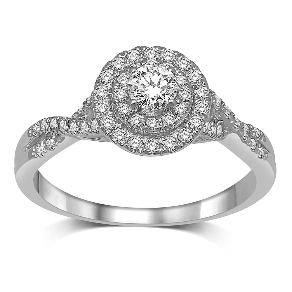 14K White Gold 1/2 Ct.Tw. Diamond Halo Engagement Ring: 14K White Gold 1/2 Ct.Tw. Diamond Halo Engagement Ring This amazing Halo Engagement Ring is available in 14K White Gold. There are 55 round diamonds with a total carat weight of 1/2 Ct.Tw. set in a mi