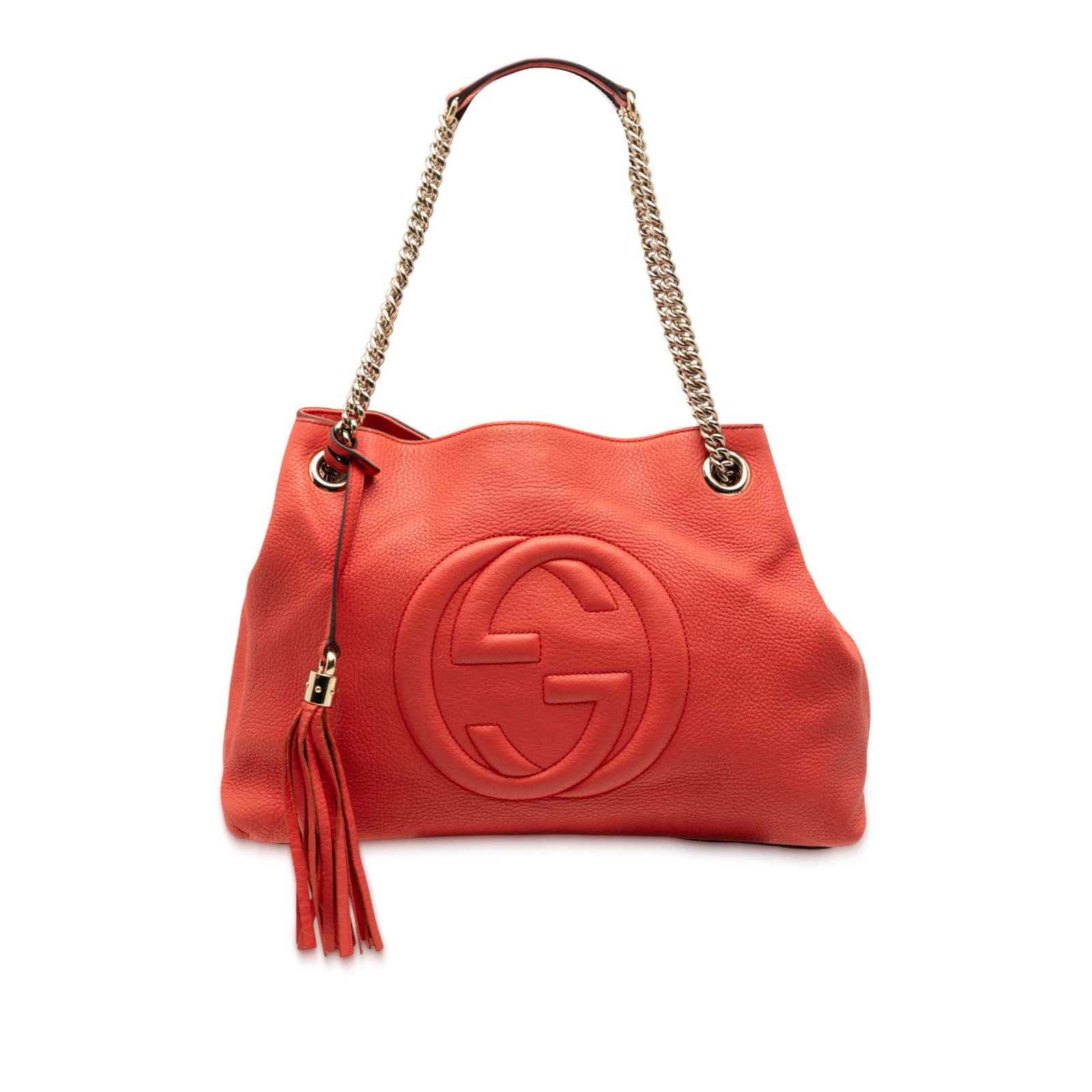 Gucci Orange Leather Soho Chain Tote Medium: Gucci Orange Leather Soho Chain Tote Medium This Gucci Medium Leather Soho Chain Tote features an orange leather body with silver-tone chain straps and leather shoulder guards. It is accented with a t
