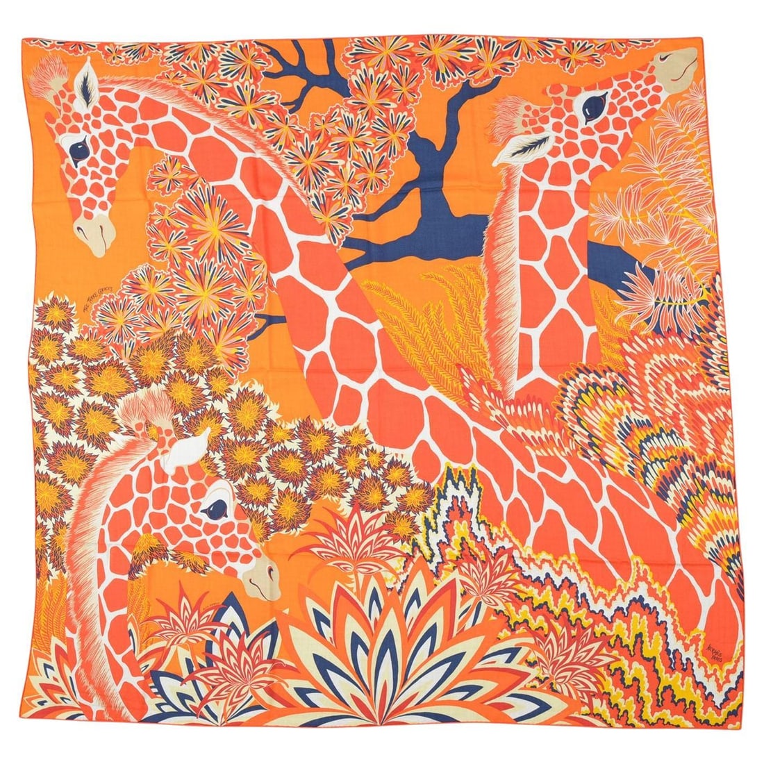 The Three Graces Silk Cashmere Shawl by Hermes 52 Inch Jungle Design: The Three Graces Silk Cashmere Shawl by Hermes 52 Inch Jungle Design Hermes "The Three Graces" shawl is crafted from a luxurious blend of silk and cashmere. This collectible accessory features a vibra