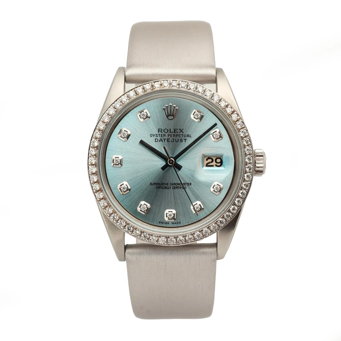 Rolex Datejust 1601 Blue Dial Custom Bezel Automatic Watch 36mm: Rolex Datejust 1601 Blue Dial Custom Bezel Automatic Watch 36mm This Rolex Datejust 36 is a vintage unisex wristwatch from 1964, featuring a custom gray fixed bezel, a blue sunburst dial with diamond 