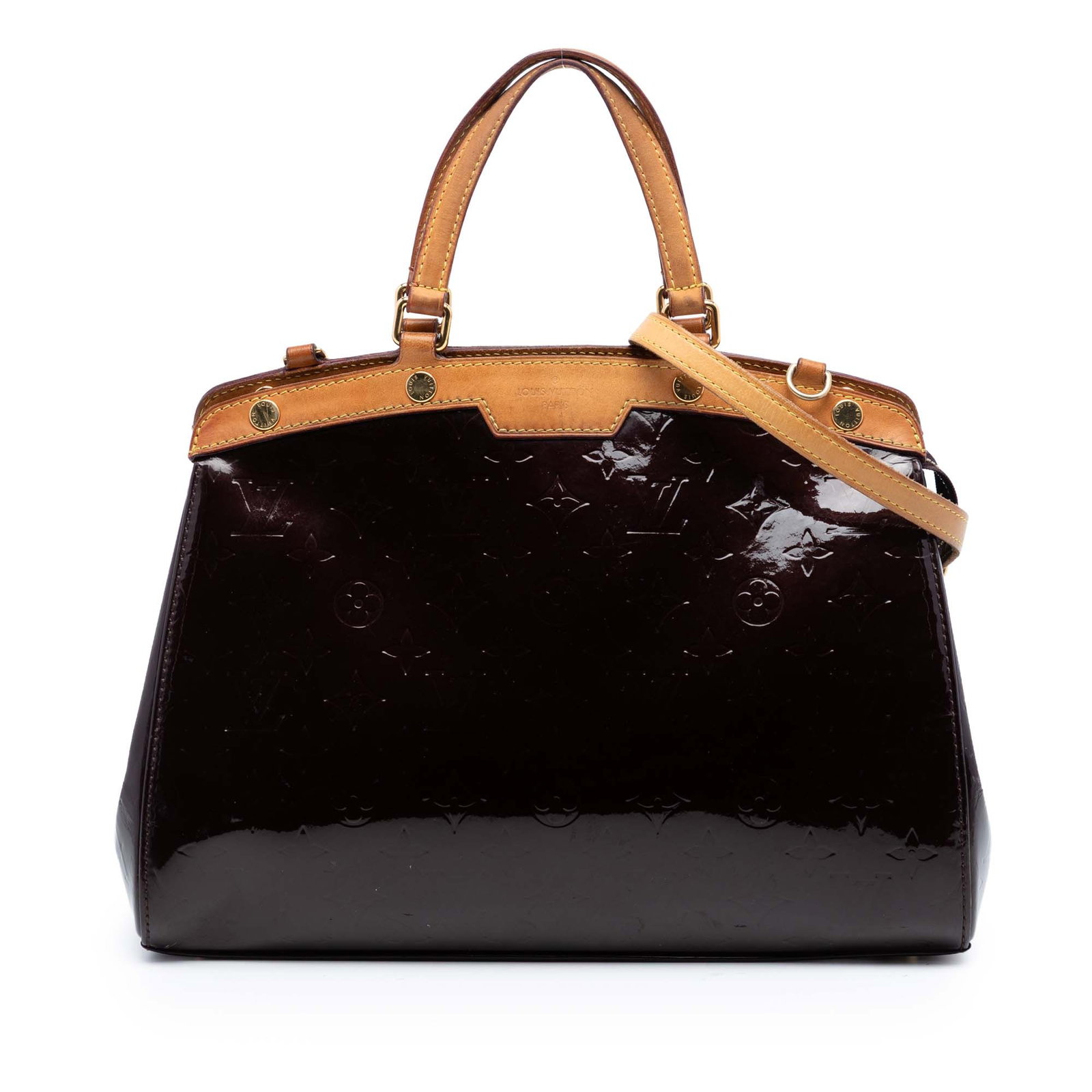 Louis Vuitton Brea MM Monogram Vernis purple leather bag: Louis Vuitton Brea MM Monogram Vernis purple leather bag This Louis Vuitton Monogram Vernis Brea MM features a glossy vernis leather body with vachetta leather trim, flat vachetta leather handles, a s
