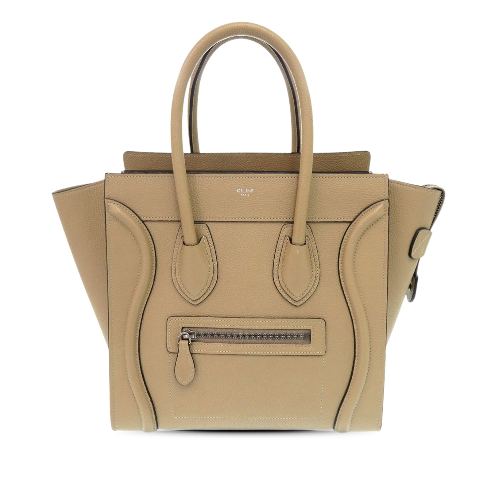 Celine beige leather Micro Luggage Tote: Celine beige leather Micro Luggage Tote This Celine Micro Drummed Calfskin Luggage Tote is crafted from beige leather and features rolled leather handles, a top zip closure, and a front exterior zip p