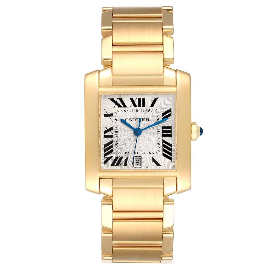 18k Yellow Gold Cartier Tank Francaise Ref 1840 Watch with Papers: 18k Yellow Gold Cartier Tank Francaise Ref 1840 Watch with Papers This Cartier Tank Francaise features a silver Roman numeral dial and an 18k yellow gold case. The watch measures 28x32 mm and is in ve