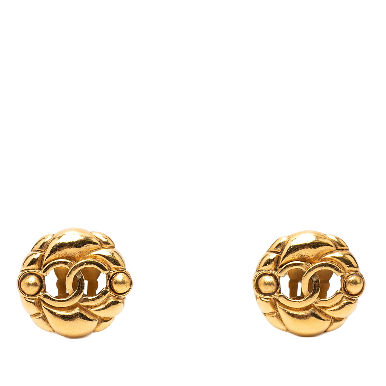 Chanel gold tone CC hollow round clip on earrings: Chanel gold tone CC hollow round clip on earrings These Chanel clip-on earrings feature a distinctive hollow round design with gold tone metal construction and the iconic CC logo. Made in France, they