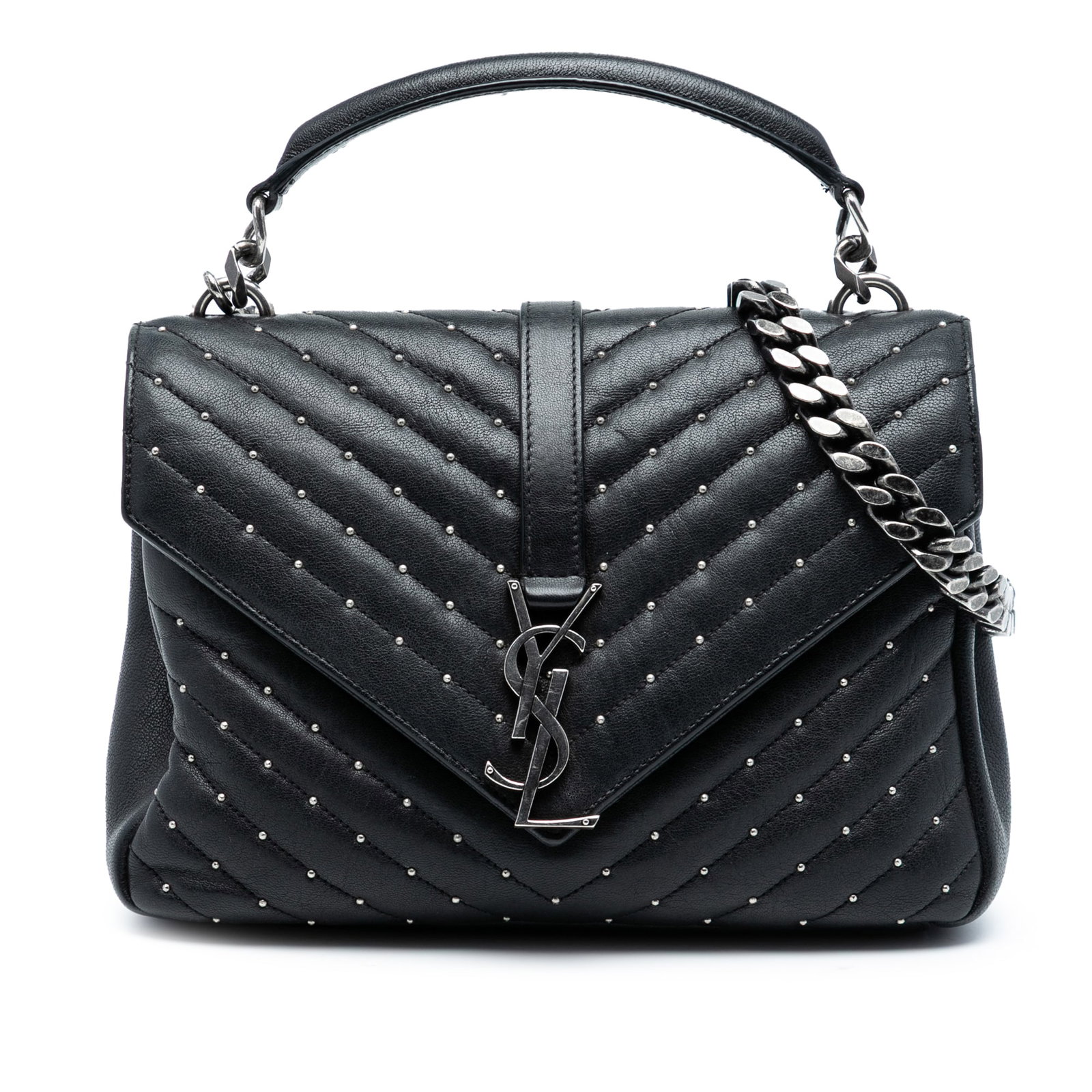 Saint Laurent College Bag Medium Studded Chevron Quilted Sheepskin Leather Satchel (1 of 7)
