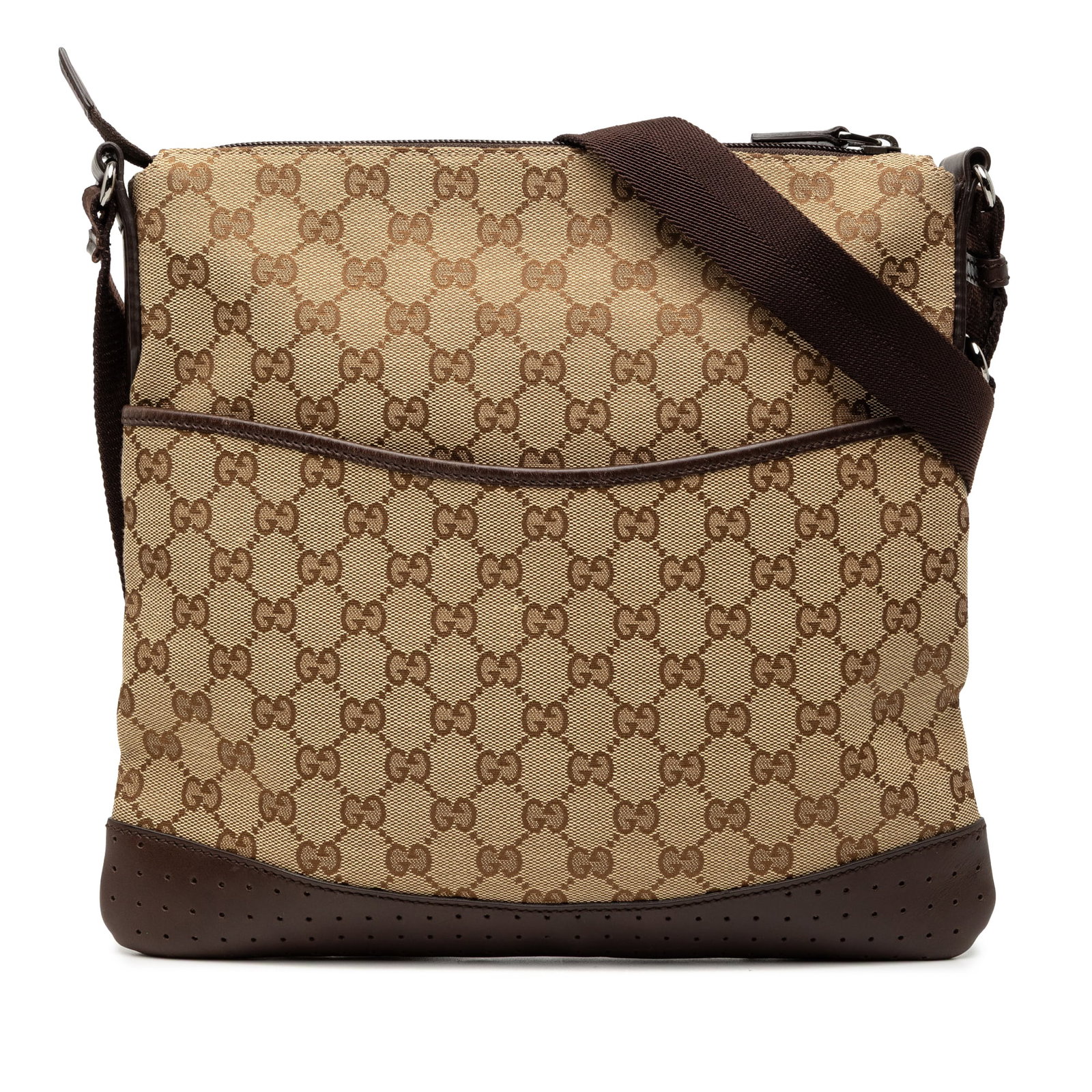 Beige GG Canvas Crossbody Bag with Perforated Leather Trim by Gucci: Beige GG Canvas Crossbody Bag with Perforated Leather Trim by Gucci This Gucci GG Canvas Crossbody bag features a beige canvas body with perforated leather trim and an adjustable flat strap. The desig