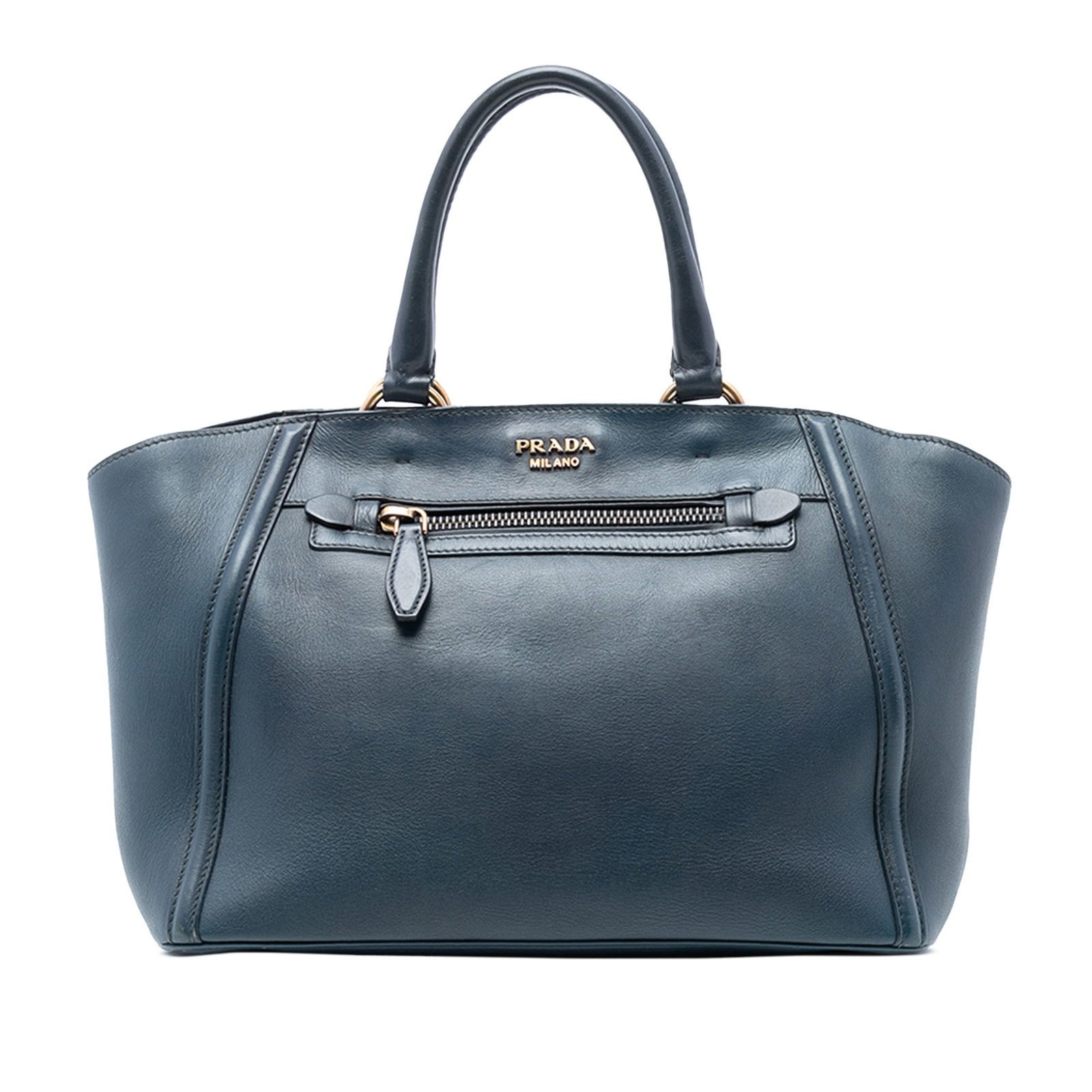 Prada blue leather city tote with double handles: Prada blue leather city tote with double handles This Prada Large Visone City Calf Double Handle Shopping Tote is crafted from blue leather and features rolled leather handles, an open top with a snap
