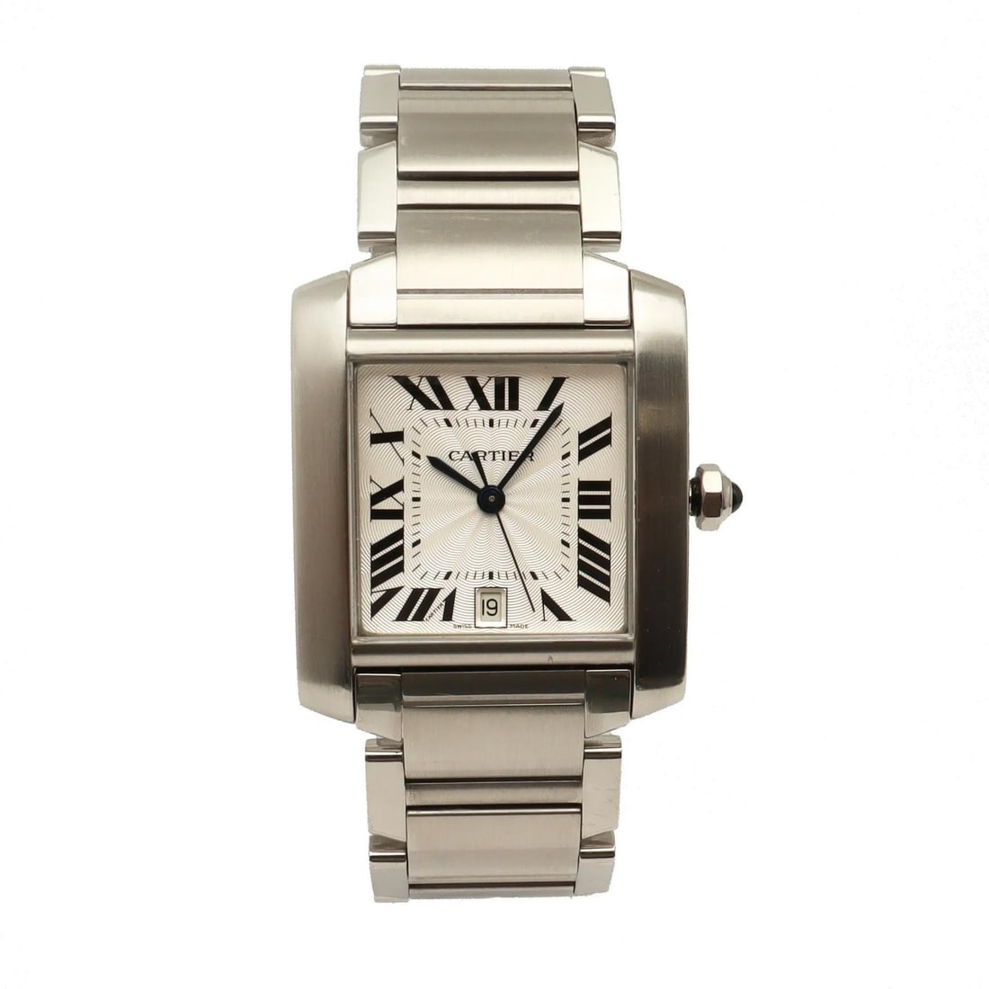 Cartier Tank Francaise 28mm Automatic Steel Silver Dial Men's Watch: Cartier Tank Francaise 28mm Automatic Steel Silver Dial Men's Watch This Cartier Tank Francaise men's wristwatch features a 28mm polished stainless steel case with a silver dial and Roman numeral indi