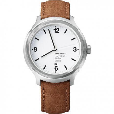 Mondaine Helvetica No1 Bold 43mm Quartz Watch White Dial Brown Leather Strap (1 of 2)
