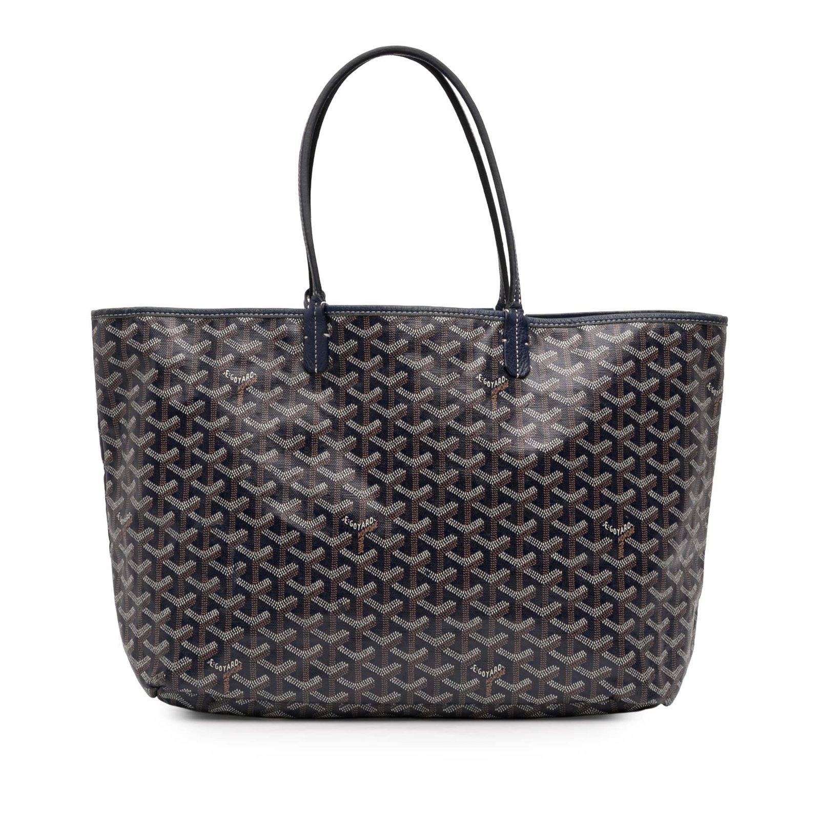 Goyard Saint Louis PM Blue Tote with Interior Pouch: Goyard Saint Louis PM Blue Tote with Interior Pouch The Saint Louis PM features a blue coated canvas exterior with flat leather straps, an open top, and comes with an interior pouch. The bag shows sig