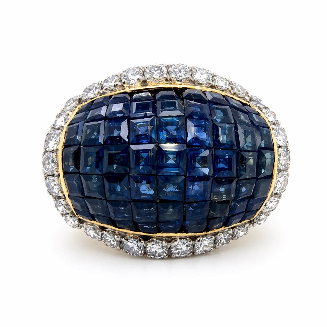 Sapphire and Diamond Ring in 18K Yellow Gold Size 5: Sapphire and Diamond Ring in 18K Yellow Gold Size 5 This ring is crafted from 18K yellow gold and features 63 sapphires with an approximate total weight of 5.00 carats. It is also set with 30 diamonds