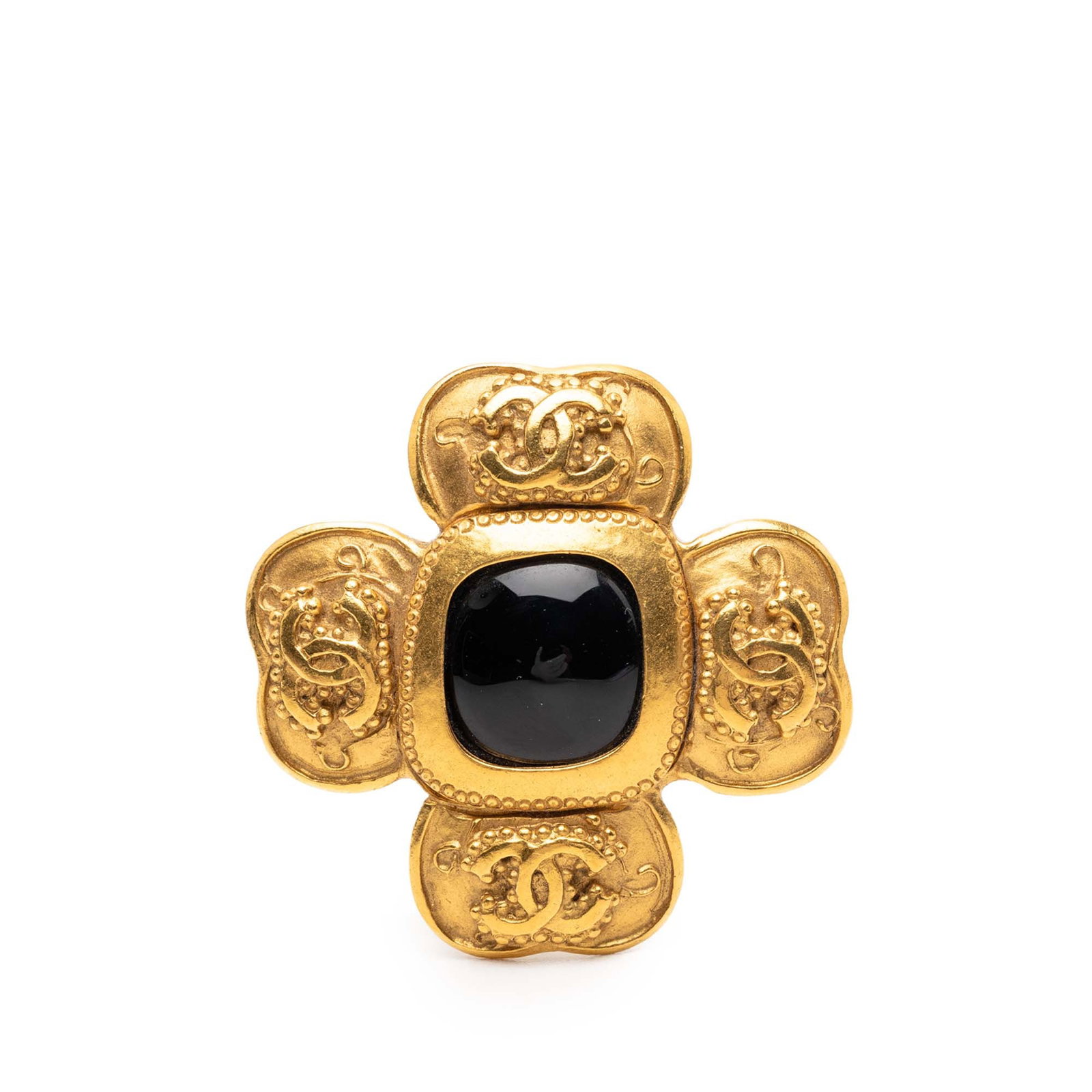 Chanel gold plated clover brooch with black stone CC (1 of 4)