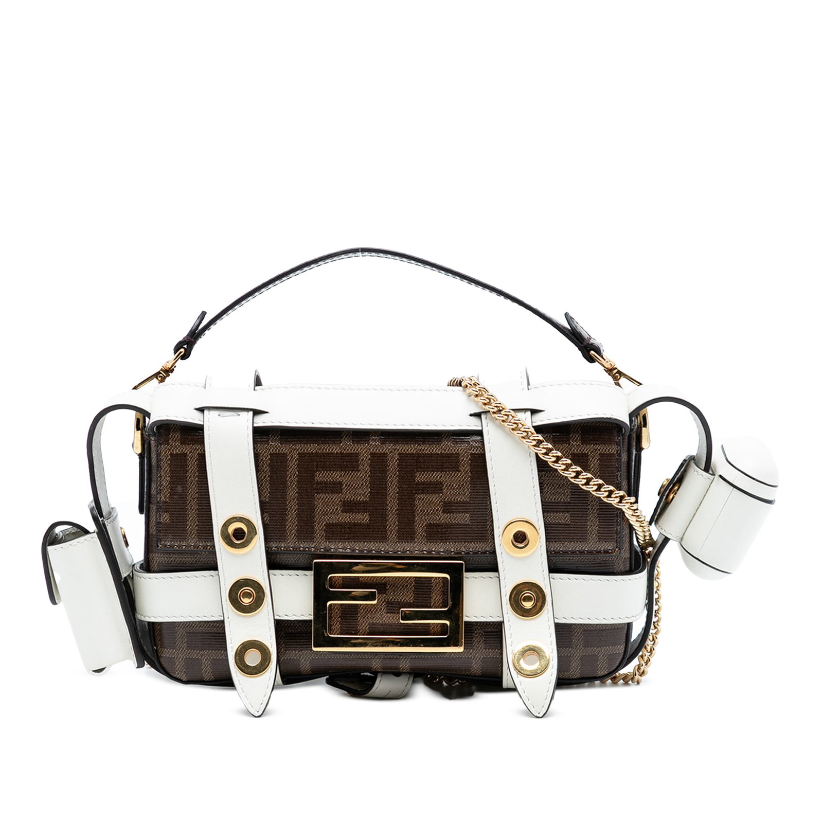 Fendi Mini Zucca Cage Baguette Coated Canvas Satchel with Detachable Straps: Fendi Mini Zucca Cage Baguette Coated Canvas Satchel with Detachable Straps This Fendi Mini Zucca Glazed Fabric Cage Baguette Satchel features a coated canvas body with leather trim, a removable flat 