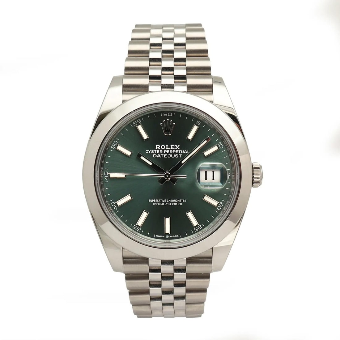 Rolex Datejust 41mm Mint Green Dial Jubilee Automatic 126300: Rolex Datejust 41mm Mint Green Dial Jubilee Automatic 126300 This Rolex Datejust 41mm wristwatch features a mint green sunburst dial and a stainless steel Jubilee bracelet. The watch is powered by a S