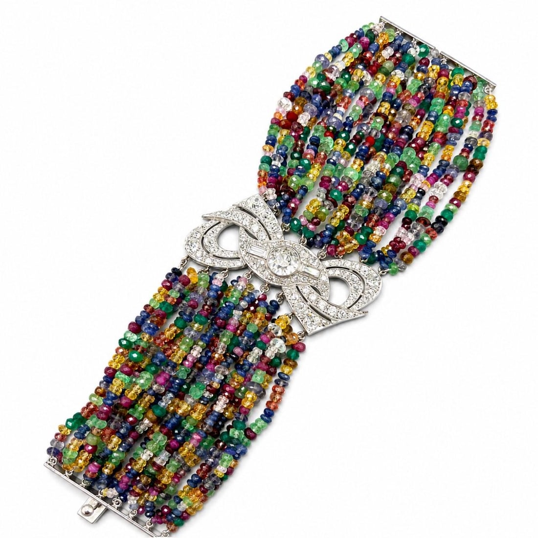 Platinum Art Deco Bracelet with 2.60 Ct Center Diamond and Color Stones (1 of 5)