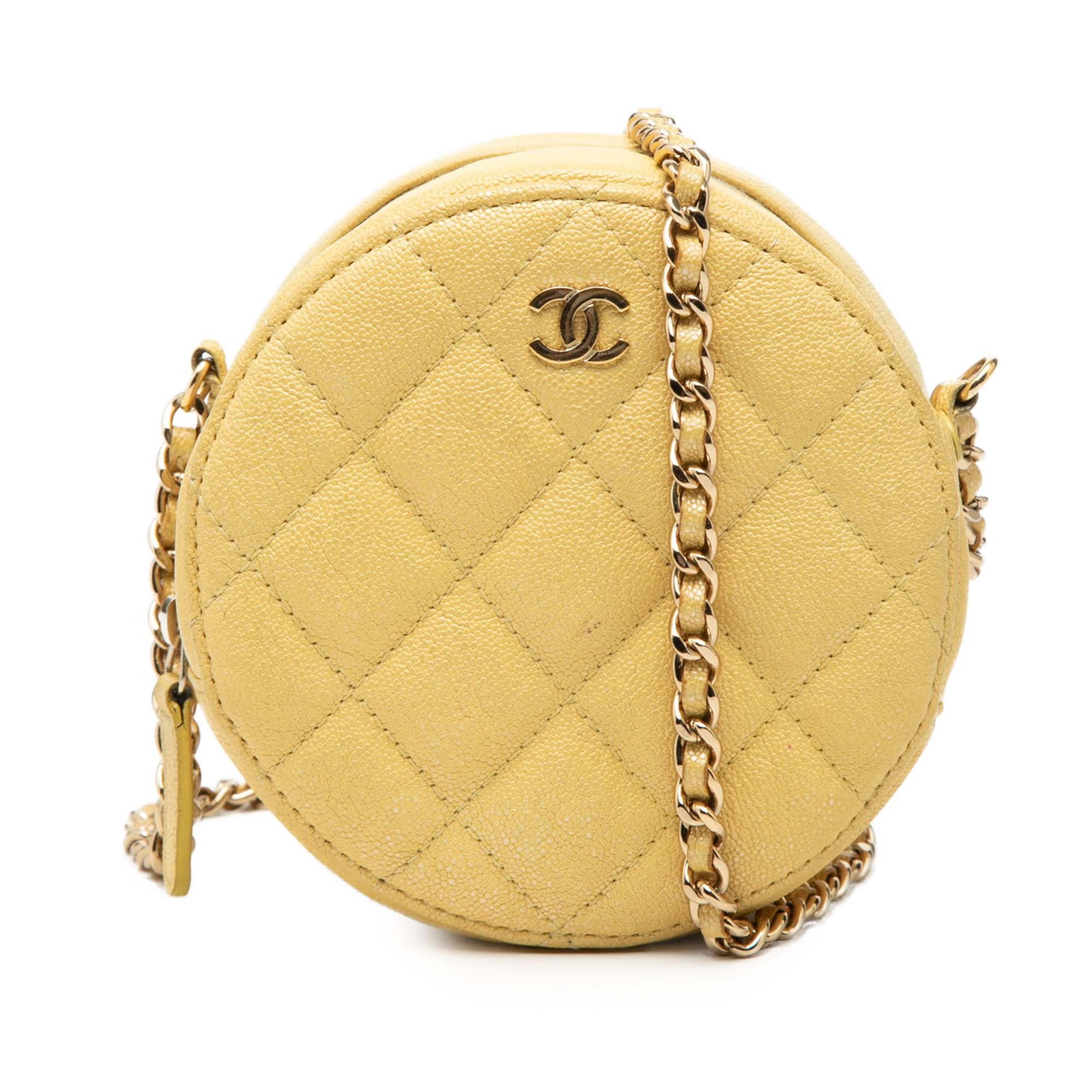 Chanel yellow quilted caviar round crossbody clutch: Chanel yellow quilted caviar round crossbody clutch This Chanel CC Quilted Caviar Round Clutch With Chain is crafted from durable yellow caviar leather and features a signature quilted design. The bag