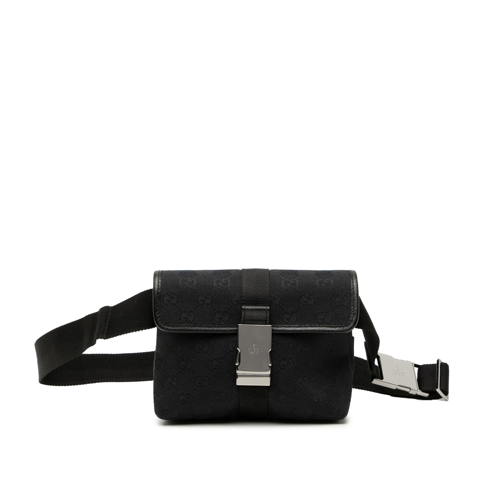 Gucci Black Canvas Waist Belt Bag GG: Gucci Black Canvas Waist Belt Bag GG This Gucci GG Canvas Belt Bag features a black canvas body with an adjustable flat waist strap and a flap with buckle closure. The interior includes a zip pocket f