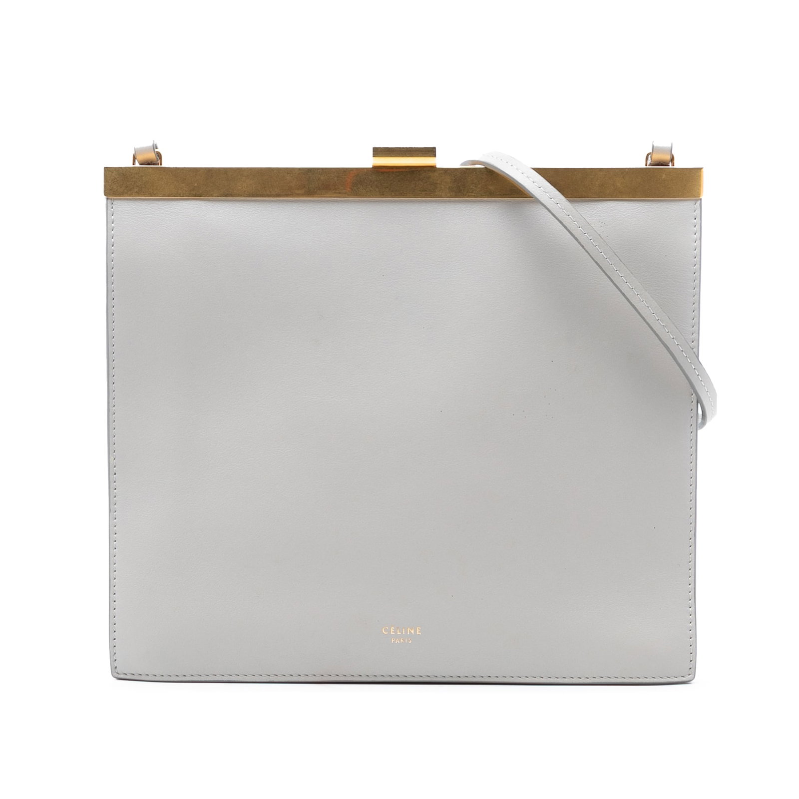 Celine gray leather clasp crossbody bag mini: Celine gray leather clasp crossbody bag mini This Celine Mini Leather Clasp Crossbody bag features a sleek gray leather body with a flat leather strap. It is designed with an open top secured by a cla