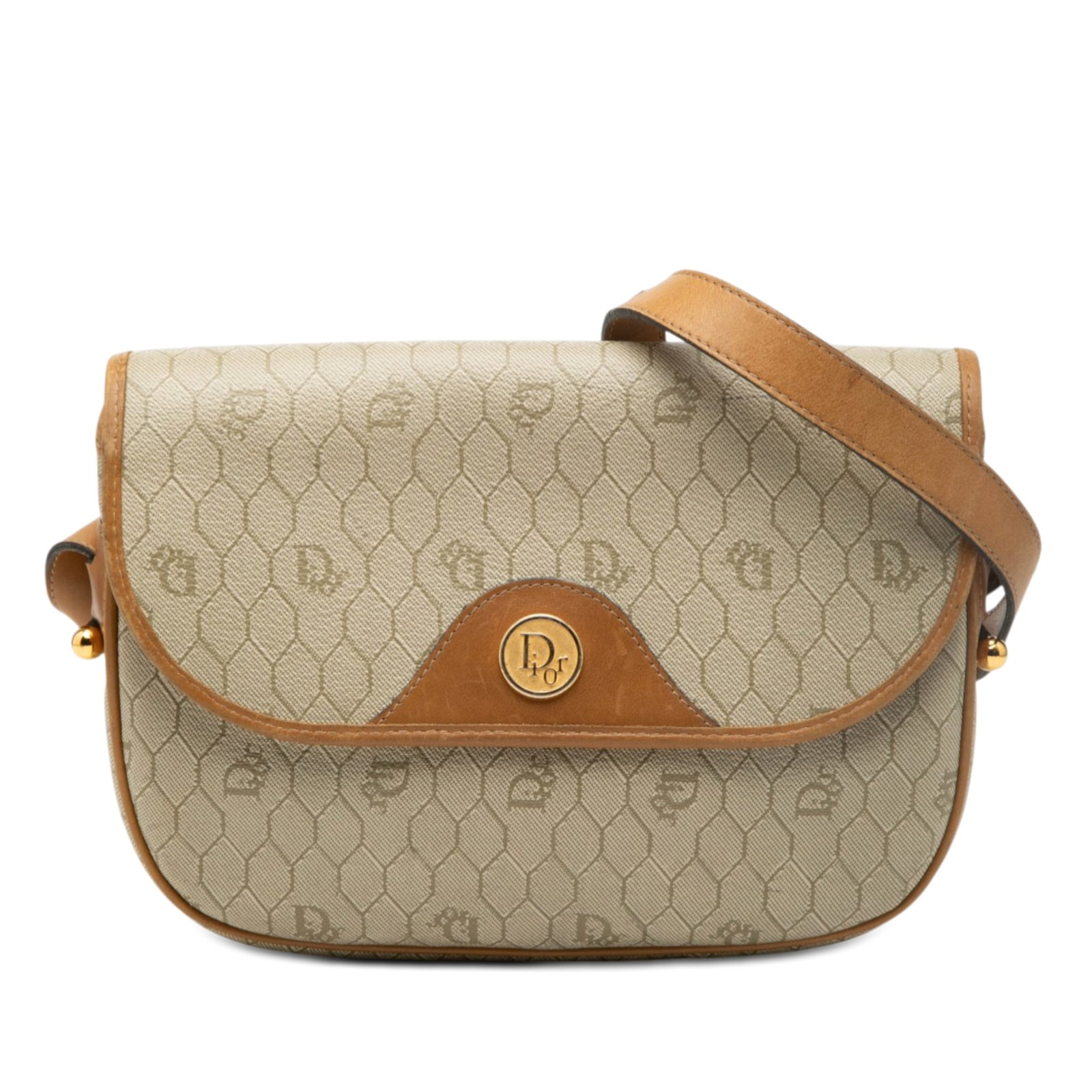 Beige Dior Honeycomb Pattern Coated Canvas Crossbody Bag with Leather Trim: Beige Dior Honeycomb Pattern Coated Canvas Crossbody Bag with Leather Trim This Dior Honeycomb crossbody bag features a beige coated canvas body with leather trim, an adjustable flat leather strap, a 