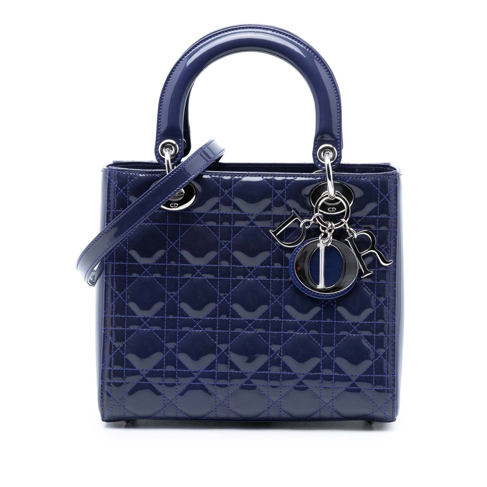 Dior Medium Cannage Lady patent leather blue bag: Dior Medium Cannage Lady patent leather blue bag This Medium Patent Cannage Lady Dior bag showcases a quilted patent leather exterior in blue, complemented by flat leather top handles and a detachable