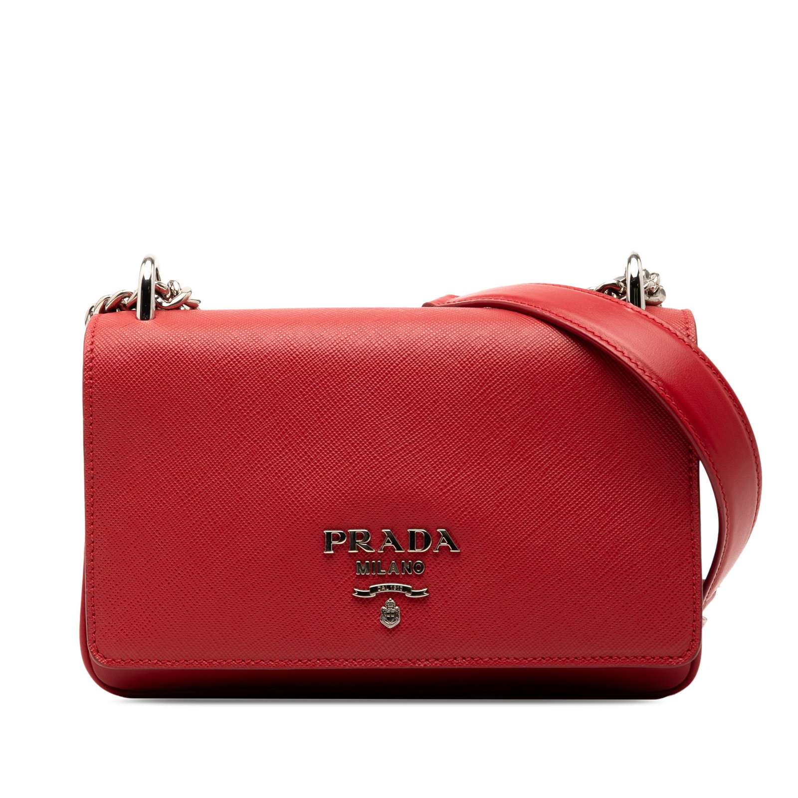 Prada Red Saffiano City Calf Chain Crossbody Bag: Prada Red Saffiano City Calf Chain Crossbody Bag This elegant crossbody bag combines luxurious saffiano and calf leather, showcasing a vibrant red color. It features a stylish chain link strap with a 