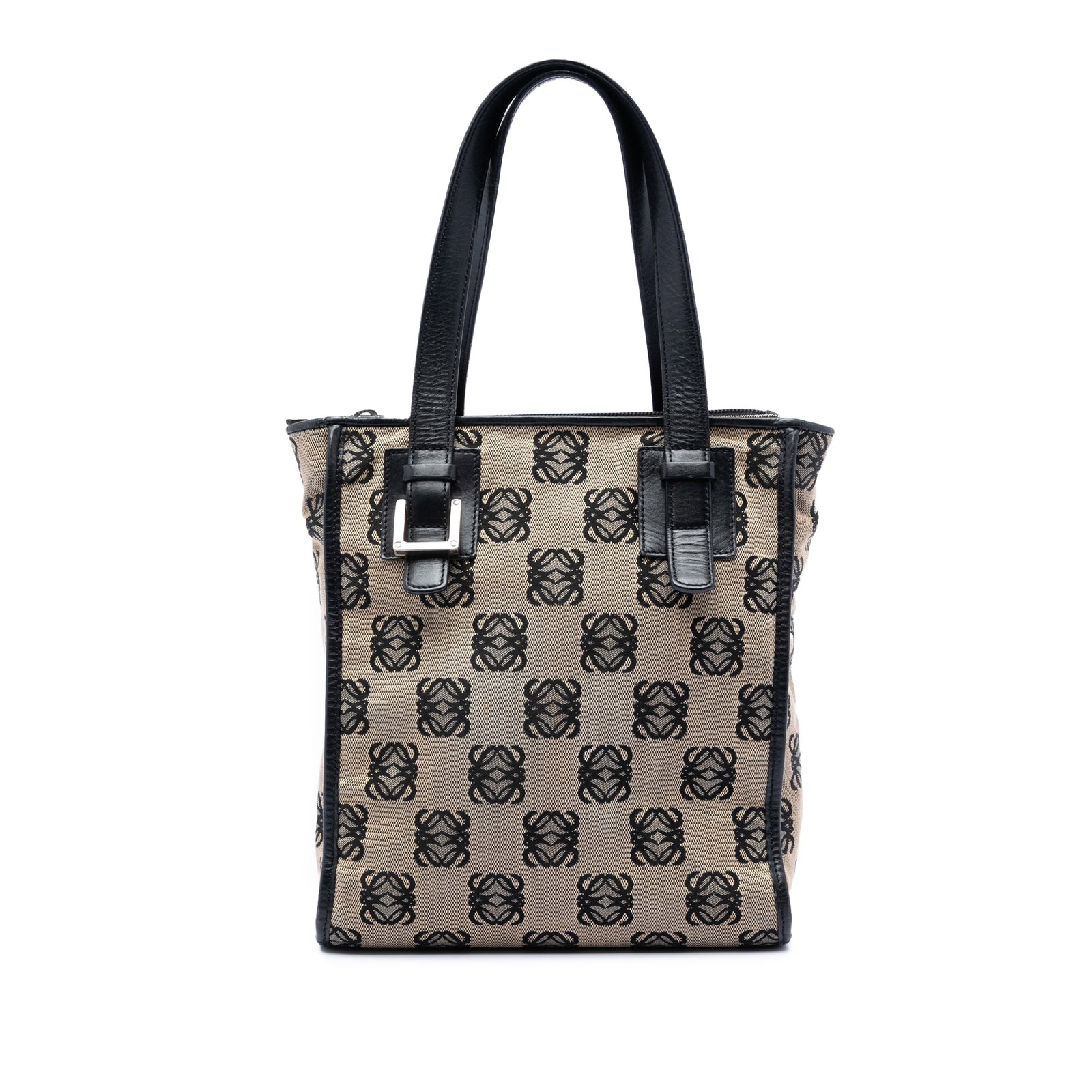 LOEWE Anagram beige canvas zip tote bag: LOEWE Anagram beige canvas zip tote bag This LOEWE Anagram Canvas Tote features a beige canvas body accented with leather trim and flat leather handles. The bag is designed with a top zip closure and 
