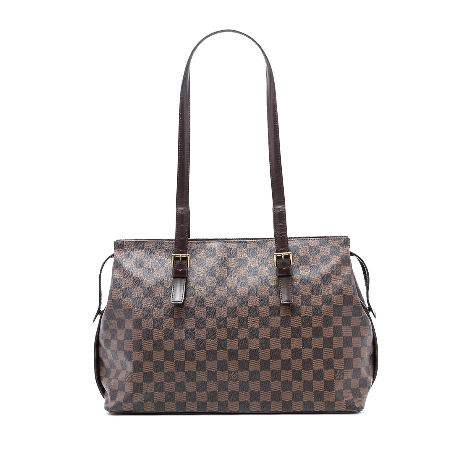 Damier Ebene Chelsea Shoulder Bag by Louis Vuitton Brown Canvas and Leather: Damier Ebene Chelsea Shoulder Bag by Louis Vuitton Brown Canvas and Leather This Louis Vuitton Damier Ebene Chelsea features a signature brown Damier Ebene canvas body with leather trim and adjustable
