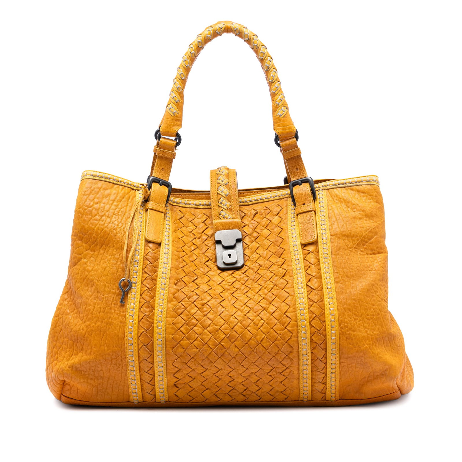 Bottega Veneta Roma yellow nappa leather tote: Bottega Veneta Roma yellow nappa leather tote This Bottega Veneta Medium Nappa Intrecciato Punto Mocassino Roma Tote is crafted from woven nappa leather in a yellow hue. It features adjustable rolled 