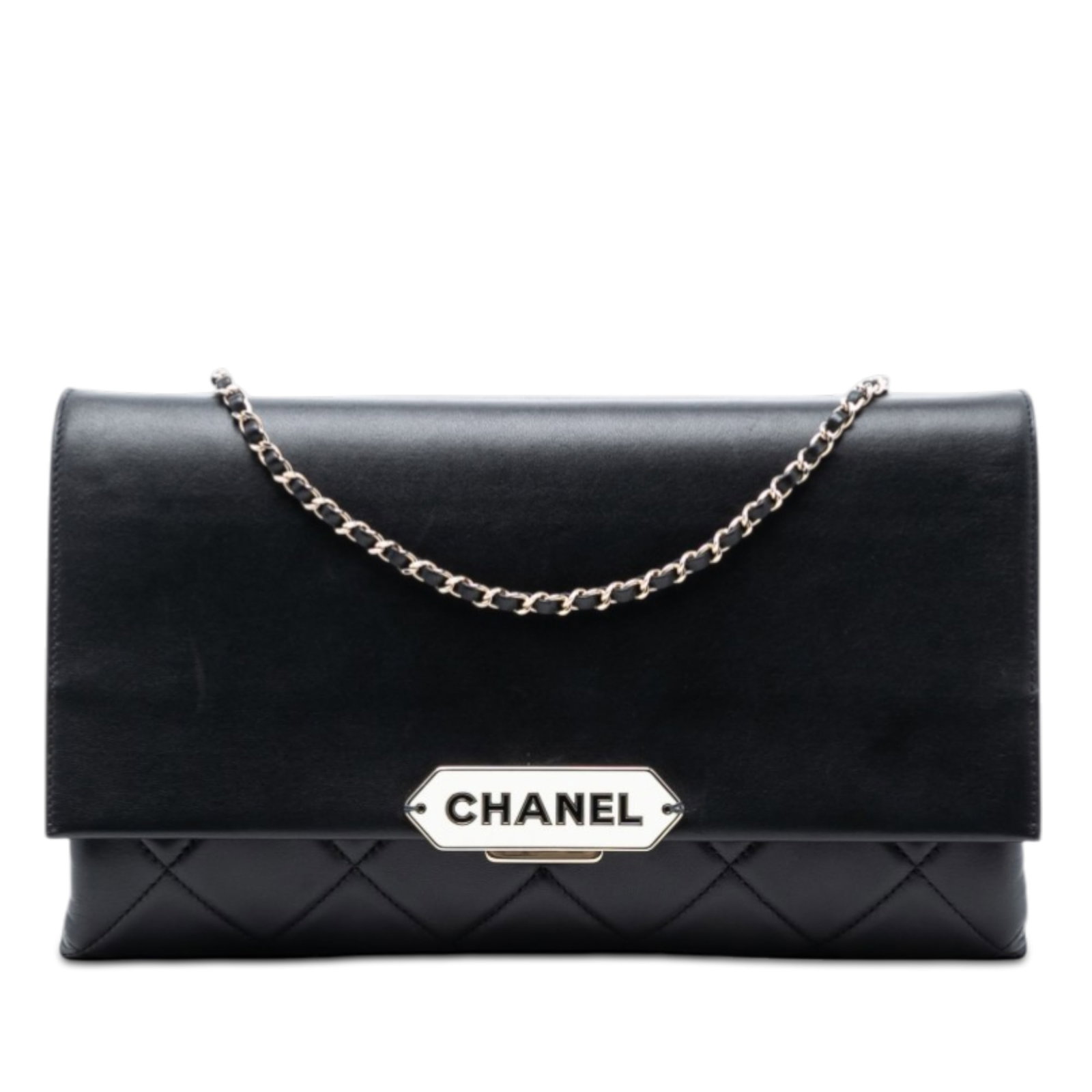 Chanel Black Quilted Lambskin Shoulder Bag with Woven Chain Strap: Chanel Black Quilted Lambskin Shoulder Bag with Woven Chain Strap This Chanel shoulder bag features a quilted lambskin leather body in black, complemented by a leather-woven chain shoulder strap. The 