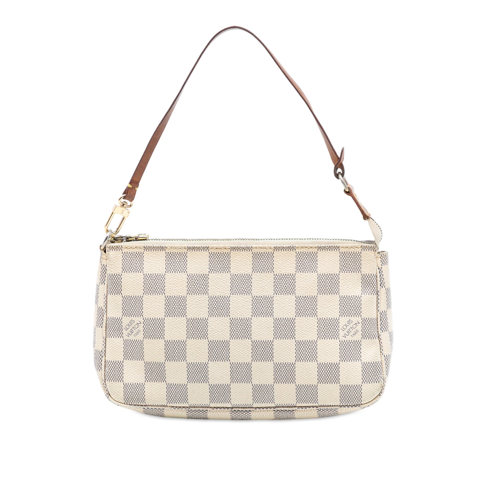Louis Vuitton Damier Azur Canvas Pochette Accessoires Bag with Leather Strap: Louis Vuitton Damier Azur Canvas Pochette Accessoires Bag with Leather Strap This Louis Vuitton Damier Azur Pochette Accessoires features a damier azur canvas body, a flat vachetta leather strap, and 