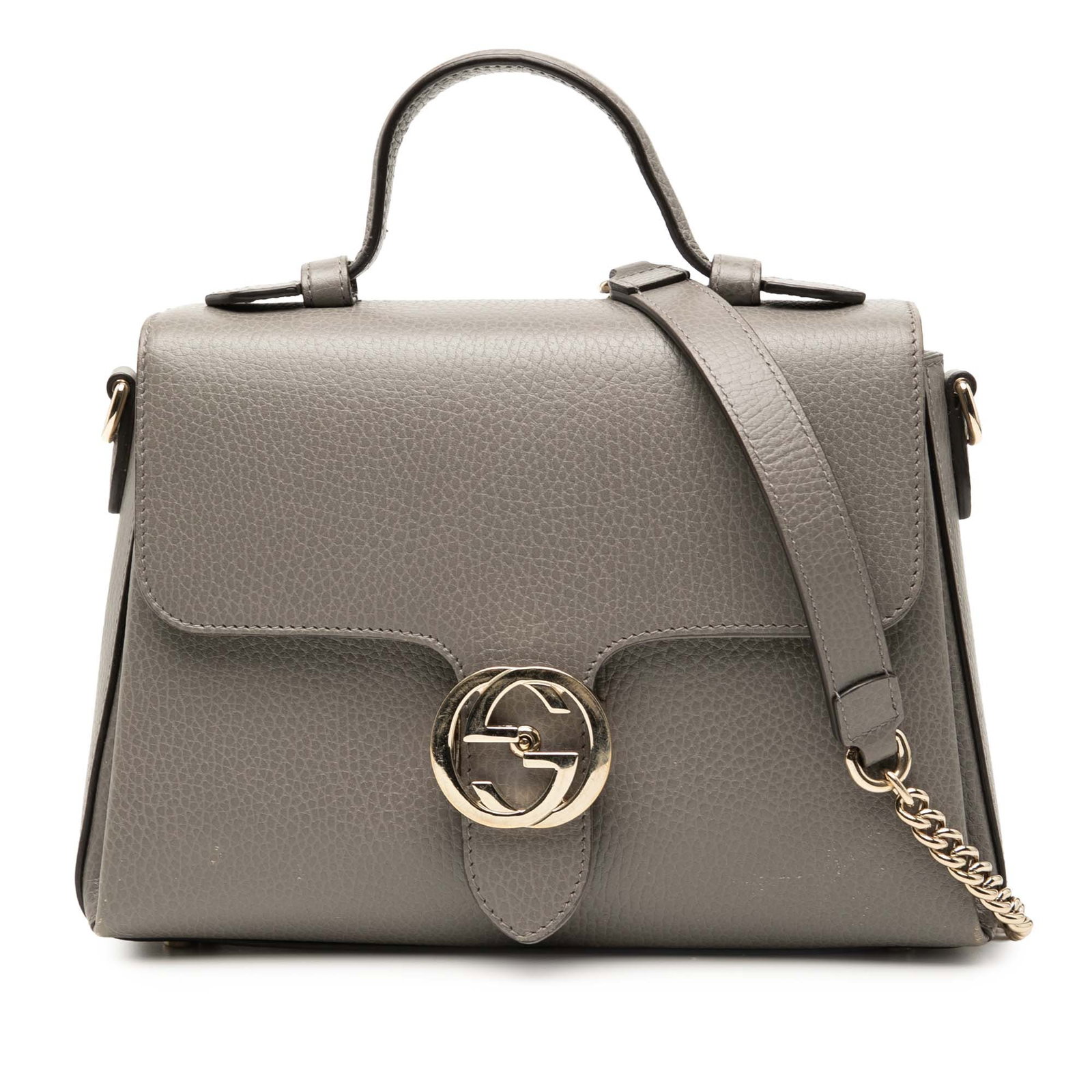 Gucci Interlocking G leather satchel with chain strap: Gucci Interlocking G leather satchel with chain strap This Gucci Small Dollar Calf Interlocking G Satchel is crafted from leather in a gray color and features a flat leather handle, a chain shoulder s