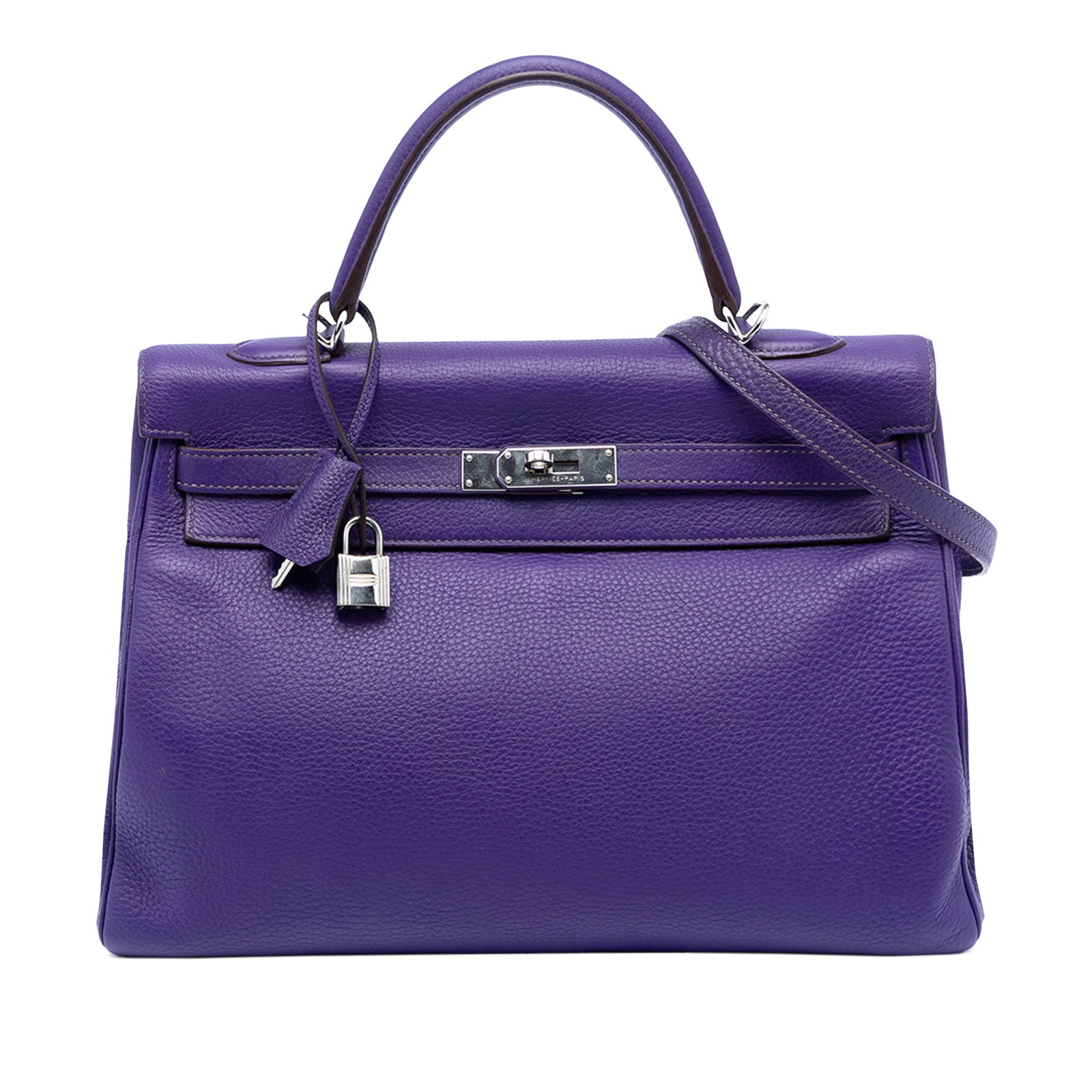 Ultraviolet Clemence Leather Kelly II Retourne 35 Bag by Hermes: Ultraviolet Clemence Leather Kelly II Retourne 35 Bag by Hermes The Hermes Clemence Kelly II Retourne 35 is crafted from Ultraviolet Clemence leather and features a flat leather top handle, a detachab
