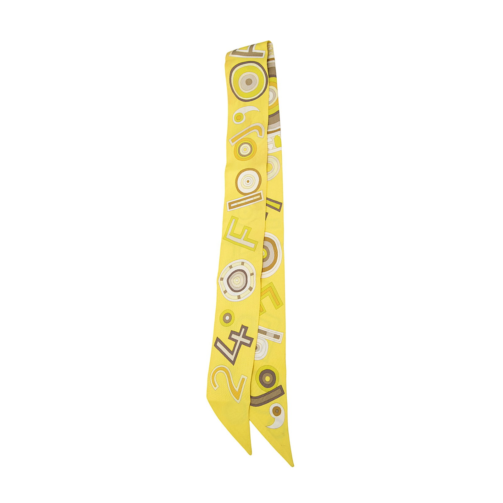 Hermes yellow silk Tohu Bohu twilly accessory: Hermes yellow silk Tohu Bohu twilly accessory This Hermes Tohu Bohu Twilly scarf is crafted from 100% silk and features a vibrant printed design in yellow. Made in France, it is a versatile accessory 