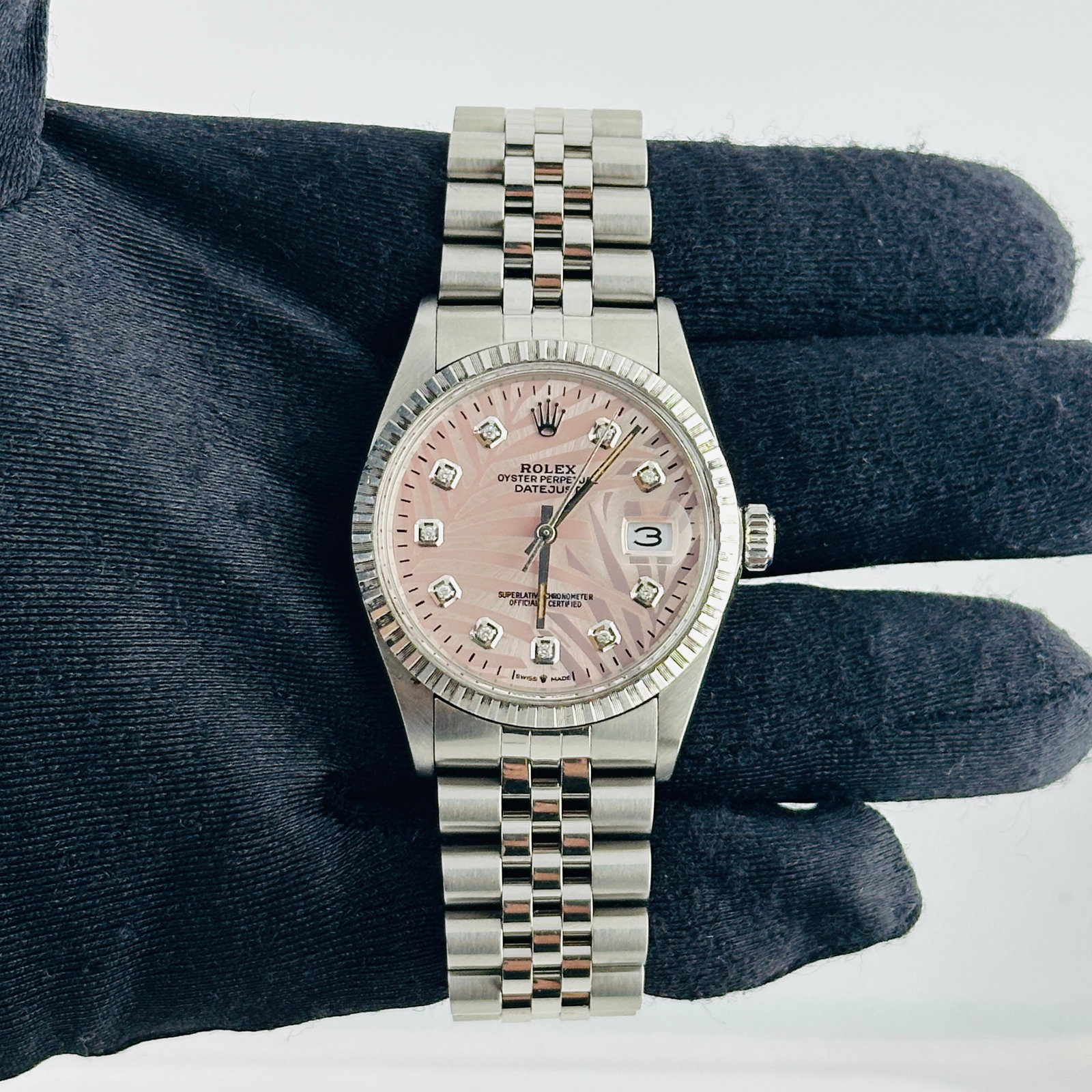 Rolex Datejust aftermarket pink palm diamond dial 16030 Jubilee bracelet (1 of 5)