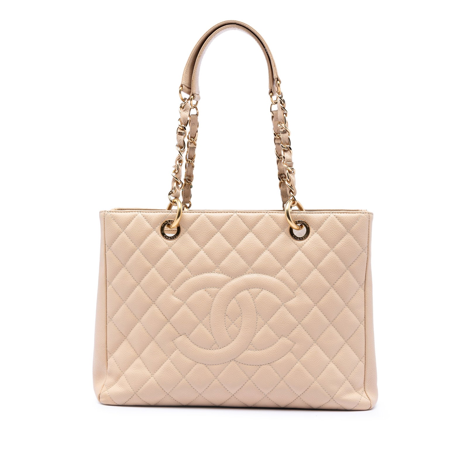 Chanel caviar leather quilted tote with chain straps: Chanel caviar leather quilted tote with chain straps This Chanel Grand Shopping Tote is crafted from quilted caviar leather in a rich brown color. It features classic leather-woven chain shoulder stra