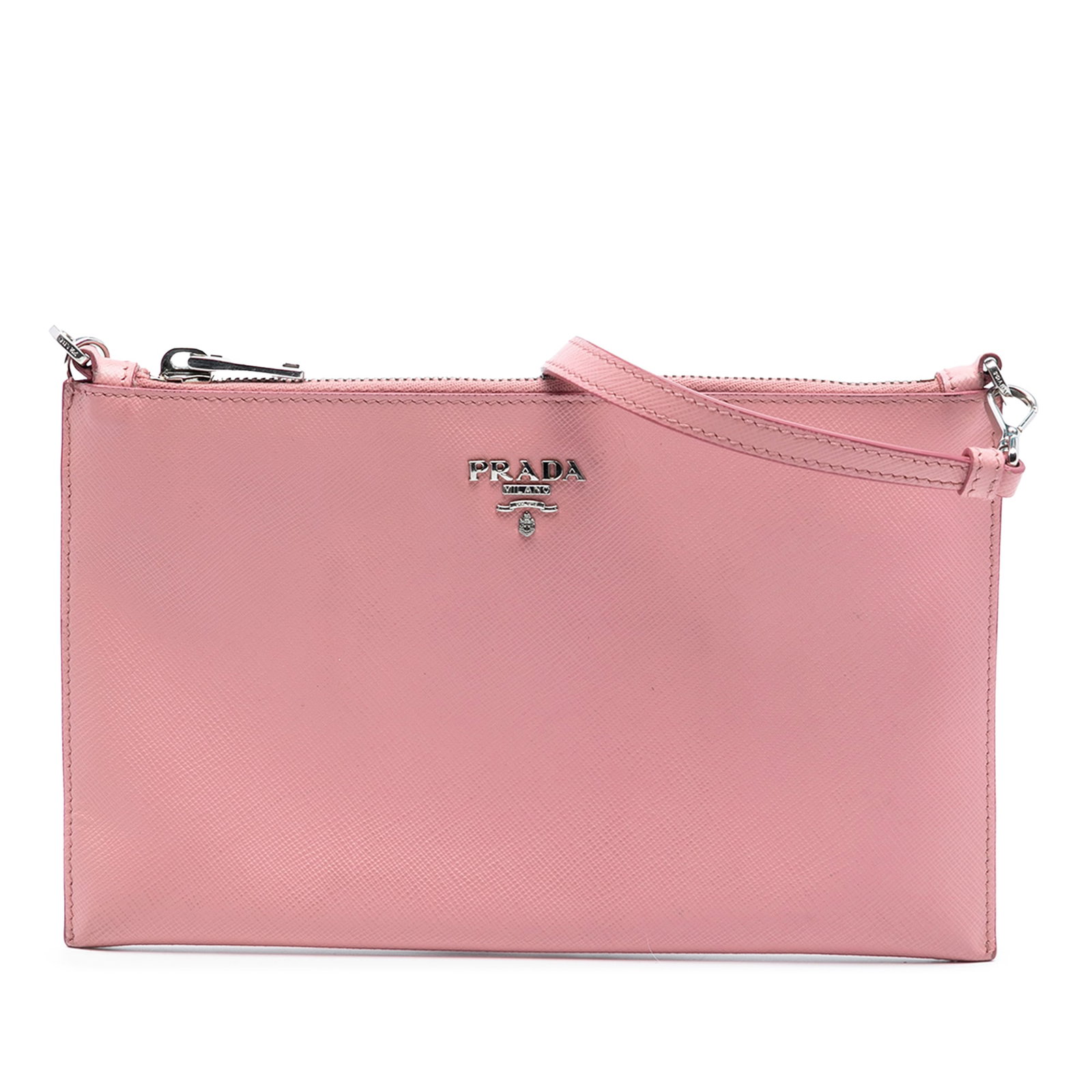 Pink Prada Saffiano Leather Shoulder Bag with Detachable Strap: Pink Prada Saffiano Leather Shoulder Bag with Detachable Strap This Prada Saffiano shoulder bag is crafted from pink saffiano leather and features a detachable flat leather strap, a top zip closure, a