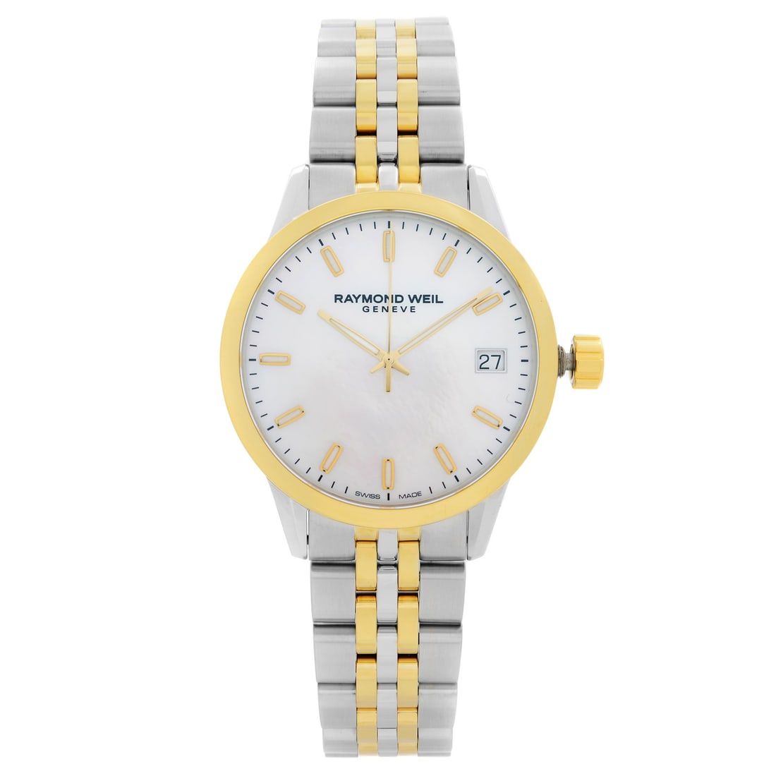 Raymond Weil Freelancer 34mm Two Tone Ladies Quartz MOP Dial: Raymond Weil Freelancer 34mm Two Tone Ladies Quartz MOP Dial This Raymond Weil Freelancer ladies watch features a 34mm two-tone stainless steel and gold-plated case with a polished finish. The elegant