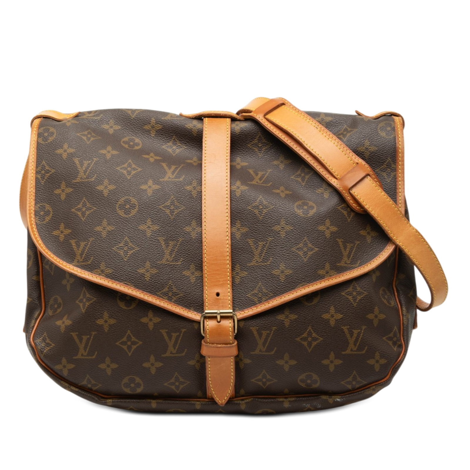Louis Vuitton Saumur 35 Monogram Canvas Crossbody Bag: Louis Vuitton Saumur 35 Monogram Canvas Crossbody Bag The Louis Vuitton Monogram Saumur 35 is crafted from signature monogram canvas with vachetta leather trim and a flat vachetta leather strap. This 