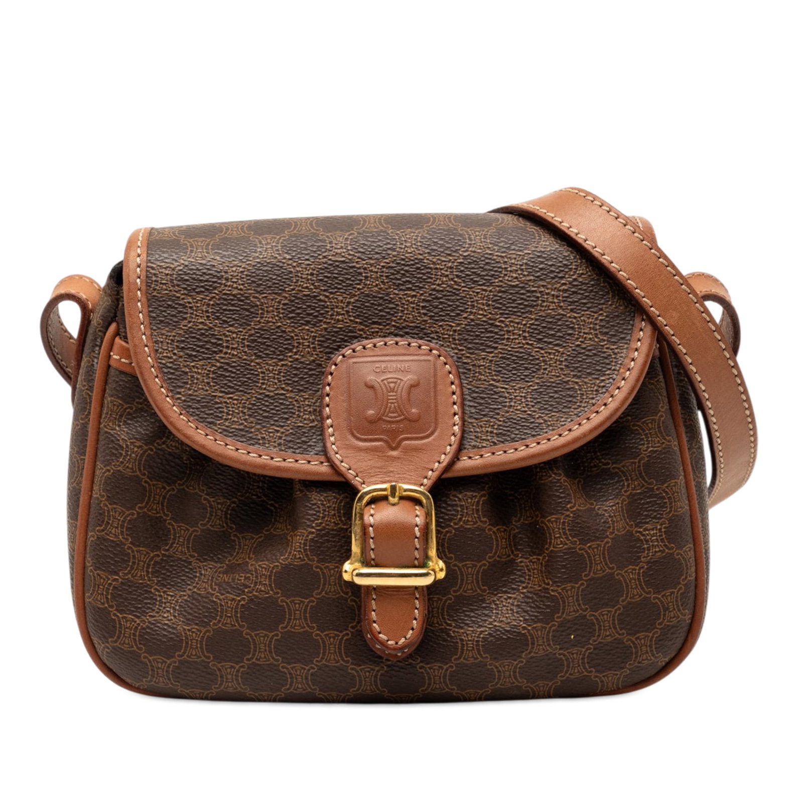 Celine Macadam brown coated canvas shoulder bag: Celine Macadam brown coated canvas shoulder bag This Celine Macadam crossbody bag features a coated canvas body with leather trim, an adjustable flat leather strap, a front flap with a magnetic snap b