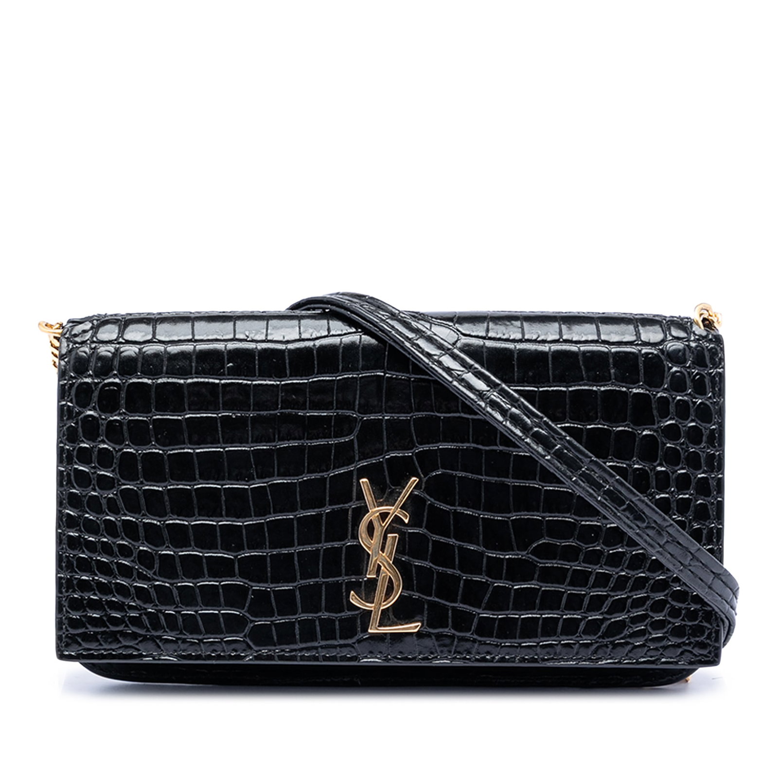 Black Leather Cassandre Phone Pouch with Croc Pattern by Saint Laurent (1 of 7)