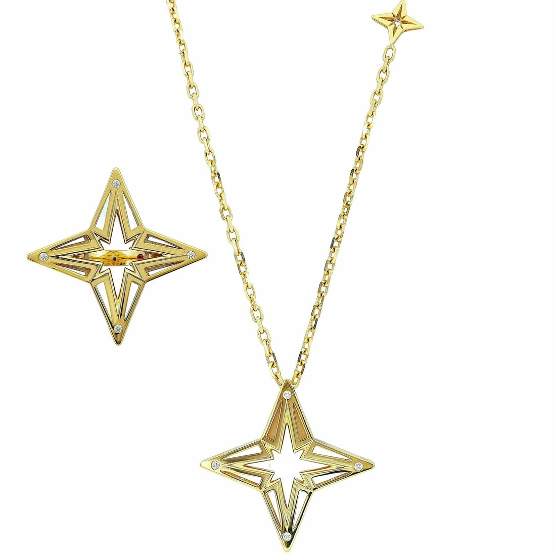 Stardust Collection 18k Gold Diamond Star Necklace and Ring Set by Roberto Coin: Stardust Collection 18k Gold Diamond Star Necklace and Ring Set by Roberto Coin This Roberto Coin Princess Diamond Star jewelry set features a necklace and ring crafted from 18k yellow gold. The