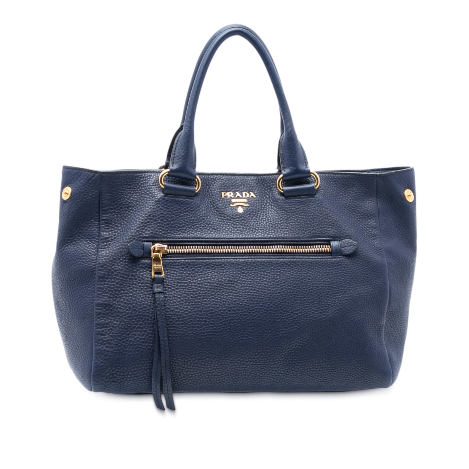 Blue Leather Tote Bag Prada Vitello Daino with Front Zip Pocket: Blue Leather Tote Bag Prada Vitello Daino with Front Zip Pocket This Prada Vitello Daino Front Pocket Tote is crafted from blue leather and features rolled leather handles, an open top with magnetic
