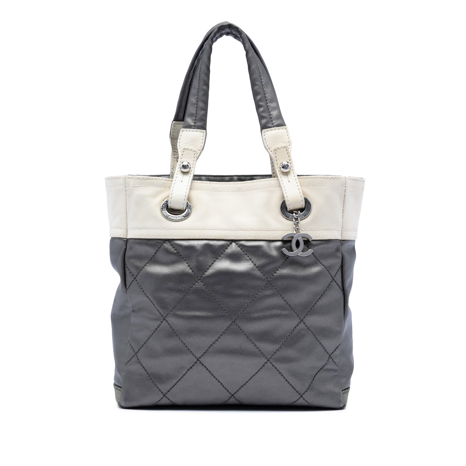 Chanel Paris Biarritz Small Quilted Coated Canvas Gray Tote Bag (1 of 8)
