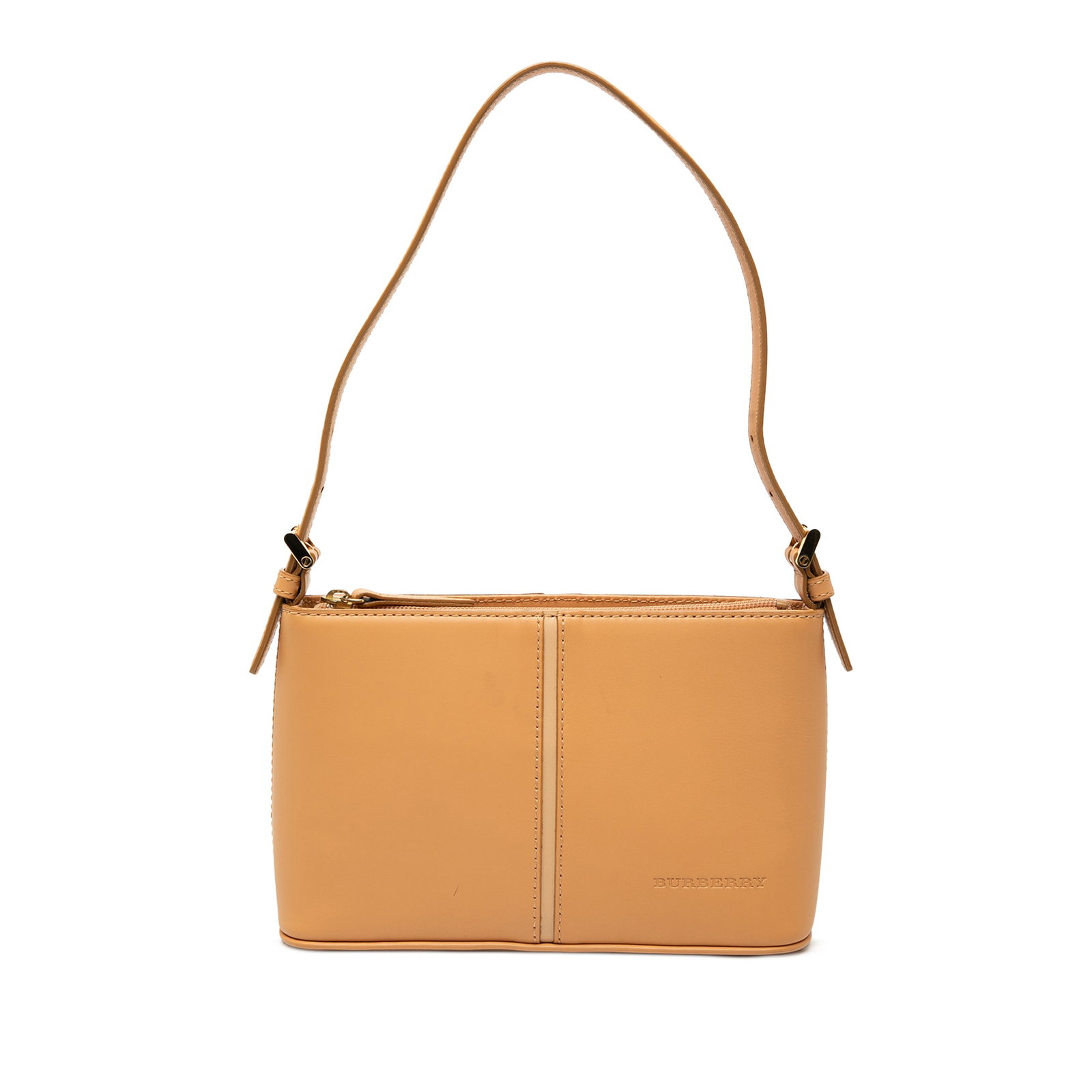 Brown Leather Shoulder Purse by Burberry with Zip Closure: Brown Leather Shoulder Purse by Burberry with Zip Closure This Burberry shoulder bag features a brown leather body with a flat leather strap, a top zip closure, and interior zip and slip pockets. The 